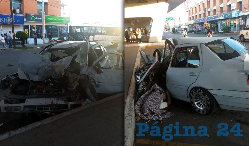 Totalmente destrozado qued&oacute; el coche Volkswagen Jetta blanco, modelo 1993, con l&aacute;minas ACH-876-B, que manejaba el hoy occiso Armando Castro Reyna, que contaba con 24 a&ntilde;os