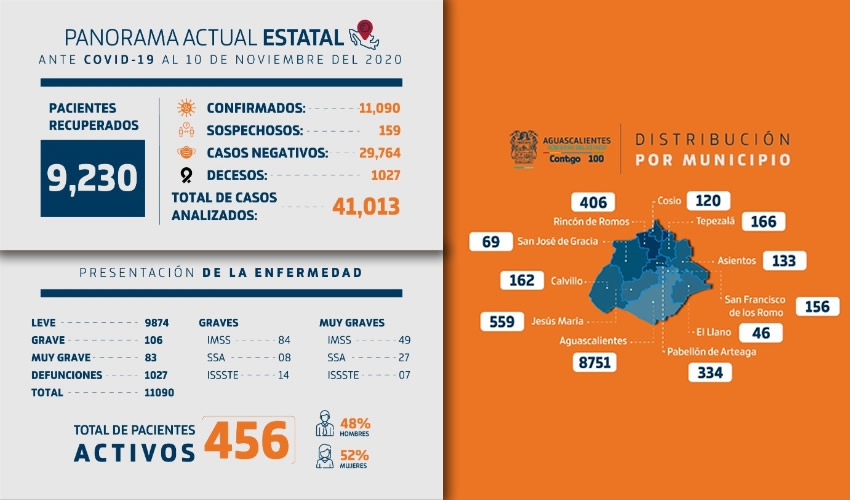 Al 10 de noviembre, Aguascalientes ha aplicado 41 mil 13 pruebas, de las cuales 11 mil 90 han dado resultado positivo a Coronavirus