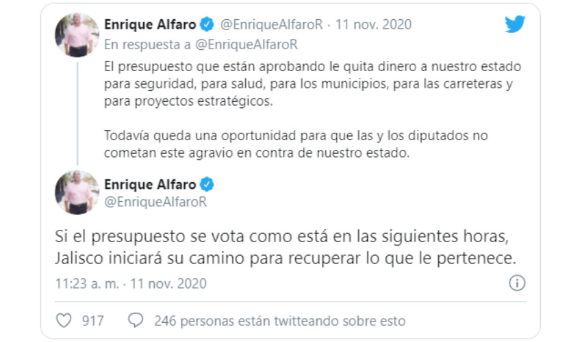 Bueno para lanzar tuits amenazantes el gobernador, como si los ciudadanos que no votaron por él (y muchos que votaron por él) estuvieran de acuerdo con sus desplantes y agresiones verbales/Captura de Twitter