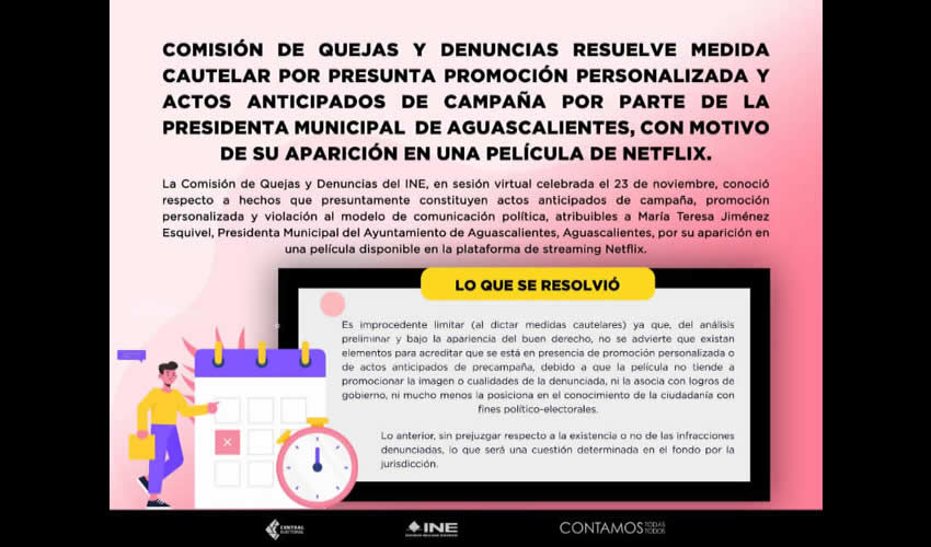 Ni en la pel&iacute;cula ni el material para su promoci&oacute;n abordan temas pol&iacute;ticos o electorales y la aparici&oacute;n de la denunciada no es preponderante ni central en la pel&iacute;cula