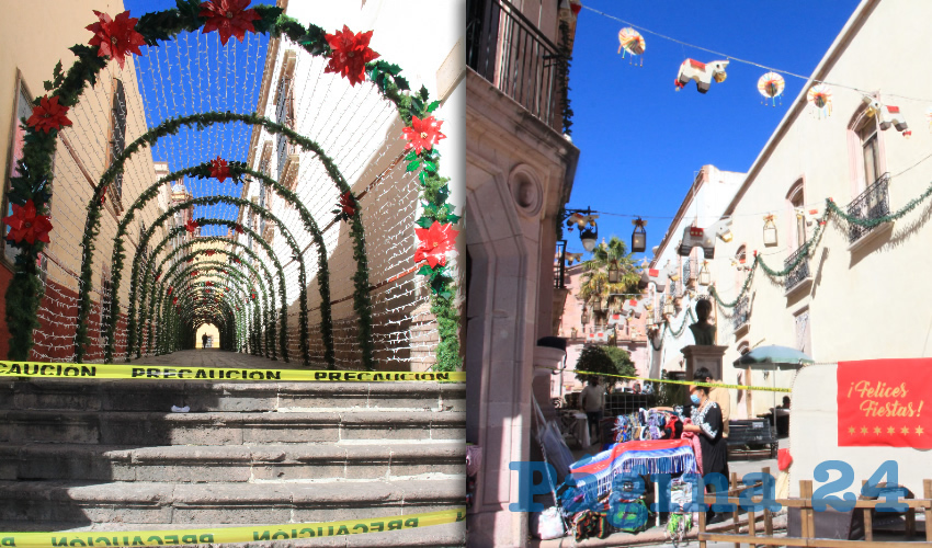 Finalmente el gobierno del estado que dirige Alejandro Tello Cristerna, decidió sí decorar con adornos navideños las plazas, calles y callejones del Centro Histórico a pesar que los zacatecanos ya se habían mostrados inconformes con ello, ya que esto propiciará aglomeraciones de personas para observar y tomarse fotografías en el primer cuadro de la ciudad (Foto: Rocío Castro Alvarado)