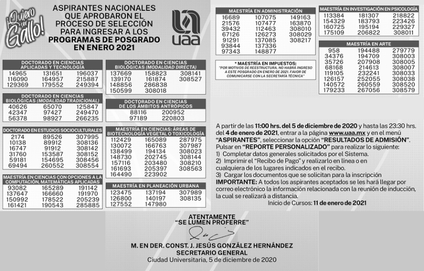  Resultados de Admisi&oacute;n Para los Posgrados de Enero 2021 