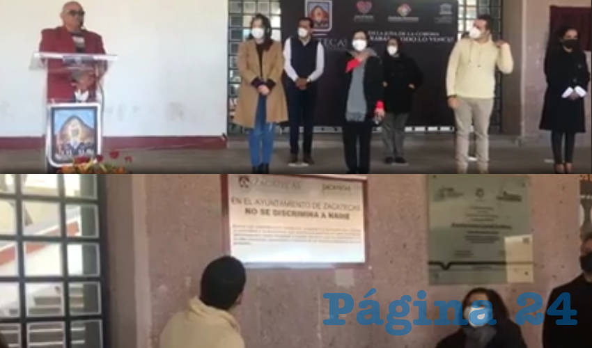 Autoridades del Ayuntamiento de Zacatecas develaron en la presidencia municipal, una placa con motivo de la no discriminación: “Es necesario tatuar con una placa este ayuntamiento capitalino, para que se sepa que aquí no se tolera la discriminación”, expresó el primer edil, Ulises Mejía Haro (Foto: Cortesía)